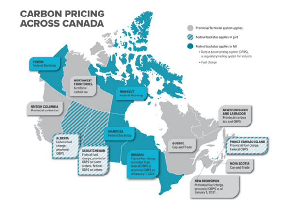 A coloured map showing Carbon Pricing Across Canada