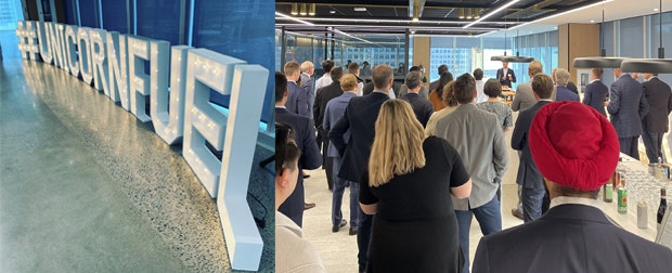 Two images side by side - the left image is a large sign that reads "#Unicornfuel". The right image is a group of people gathered in an office space listening to a speaker