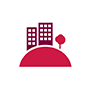 A flat burgundy icon representing apartment buildings on a hill