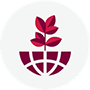 A flat burgundy icon depicting a plant growing out of half a globe